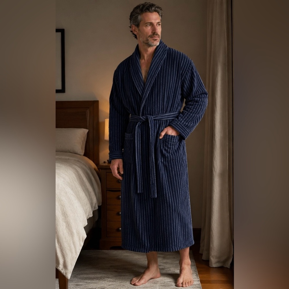 Heavy Spa Robe By ROUNDTREE & YORK Men’s Plush Striped Bathrobe Sz 1X 2X